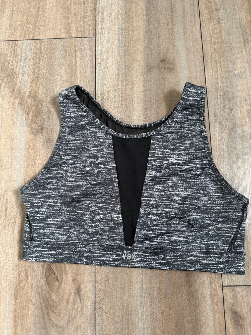 Victoria's Secret Heathered Gray High-Neck Sports Bra with Black Mesh Inset